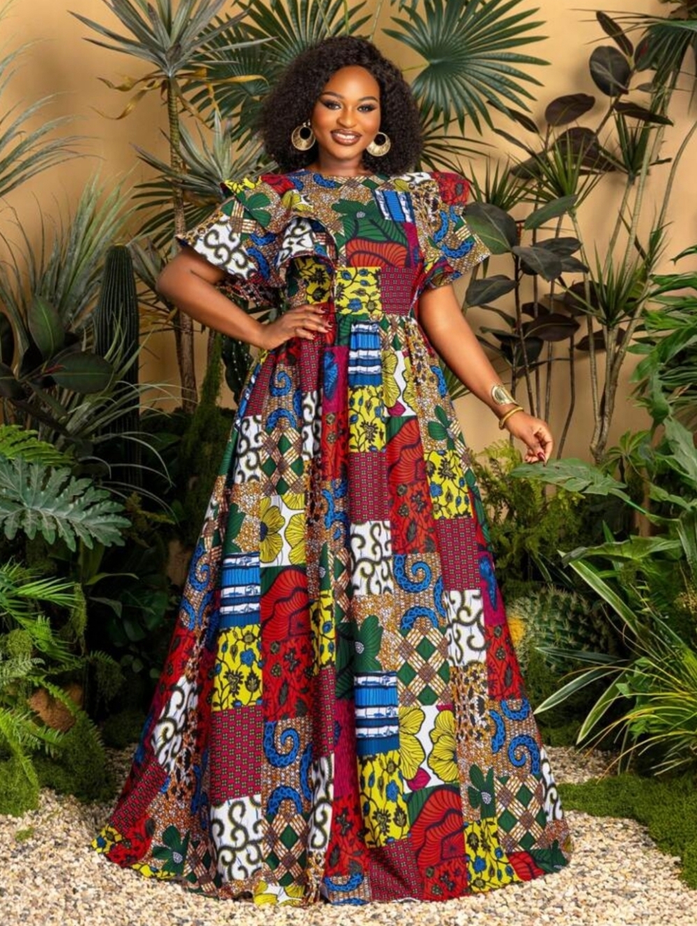 Patchwork Multicolor Maxi Dress with Flutter Sleeves